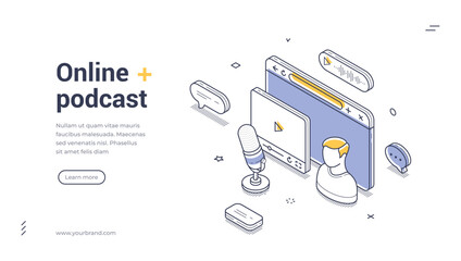 Web banner template for online podcast and streaming. Isometric vector illustration with microphone and browser for a media show. Modern landing page for broadcasting and internet radio