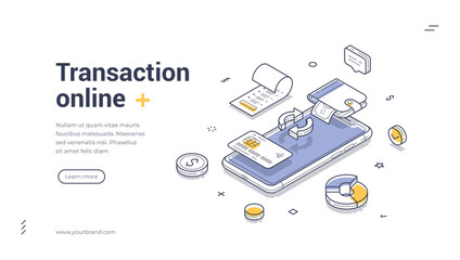 Isometric web banner for online transaction and mobile payment. Vector illustration template for finance technology with smartphone and credit card. Modern landing page for e-commerce and banking