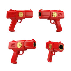 Four glossy scarlet red plastic toy money guns with gold dollar emblems, dynamically displayed on a transparent background, concept of financial success and fun