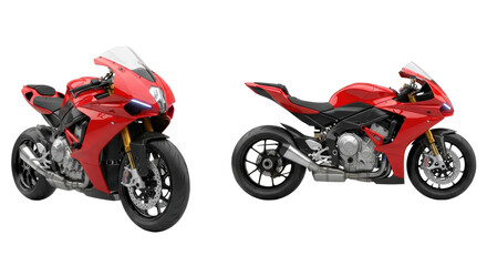 high-performance crimson sports motorcycle in a photorealistic split-screen commercial display against a transparent infinity cove, conveying speed and precision. concept for high-end transportation