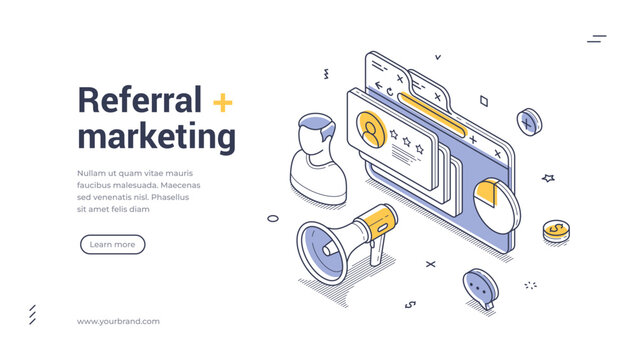 Isometric web banner for referral marketing. Vector illustration template with megaphone and user profile. Modern landing page for affiliate program and customer acquisition strategy