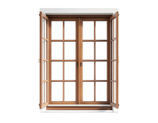 Open wooden window with grilles and white frame