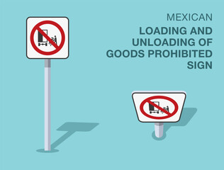 Traffic regulation rules. Isolated mexican "loading and unloading of goods prohibited" road sign. Front and top view. Flat vector illustration template.