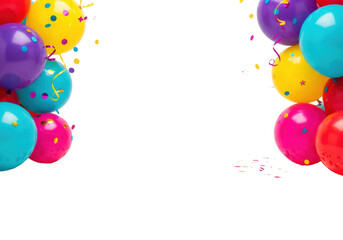 lavish scattering of metallic and matte confetti and vibrant mylar balloons framing a transparent studio background with copy space, clean commercial photography concept for luxury event