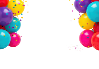 lavish scattering of metallic and matte confetti and vibrant mylar balloons framing a transparent studio background with copy space, clean commercial photography concept for luxury event