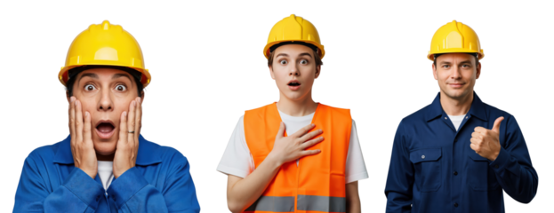 Three diverse young adult construction workers, two women showing surprise and one man giving a thumbs-up, wearing yellow hard hats and work uniforms on black.