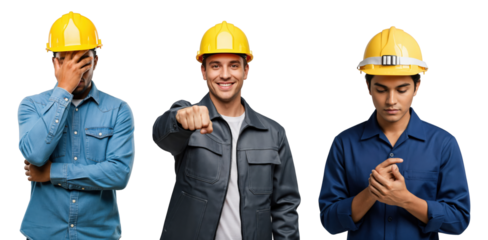 Three diverse young adult male construction workers wearing yellow hard hats, expressing various emotions and gestures on a black studio background