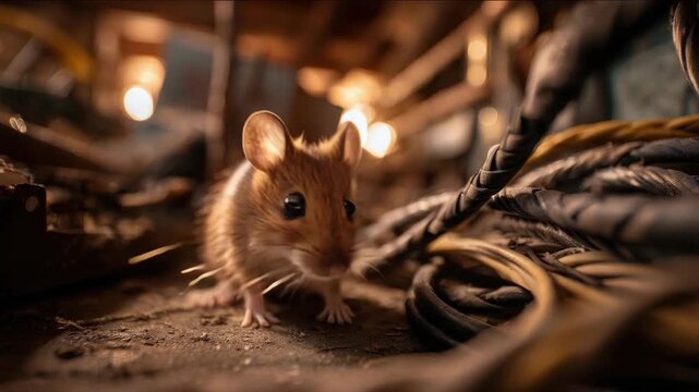 Close-up of a wild brown mouse sitting among electrical cables in a dark basement or storage area