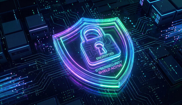 Cybersecurity Digital Lock Shield on Futuristic Background - Powered by Adobe