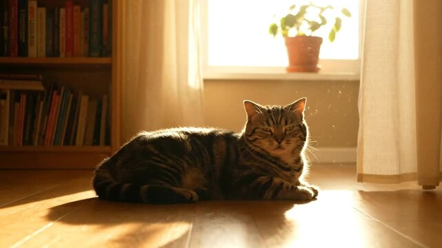 Cozy domestic tabby cat lounging on sunlit hardwood floor near window and bookshelf in warm room