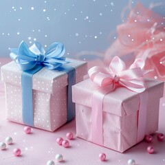 Fototapeta premium baby blue and pink present boxes with soft fabric texture