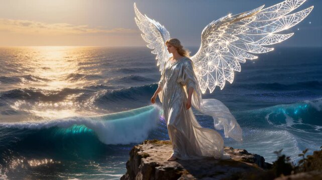 cinematic guardian angel ethereal fractal light wings celestial ocean fantasy epic