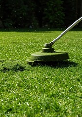 Freshly cut green grass blades scattered by a rotary mower creating a pristine texture on the lawn during outdoor maintenance work ,focus ,lawnmower ,surface