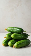Freshly harvested vibrant green whole cucumbers arranged beautifully on a light surface, emphasizing healthy food, gardening, and summer harvest ,ingredient ,vibrant ,spa