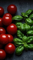 Freshly picked ingredients: bright red garden tomatoes paired with fragrant, vibrant green basil leaves, essential for healthy cooking ,gourmet ,red ,colorful