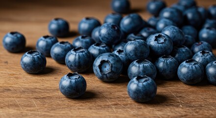 Freshly picked blueberries scattered on a rustic wooden surface, highlighting their deep blue color and healthy, juicy texture ,delicious ,macro ,blueberry