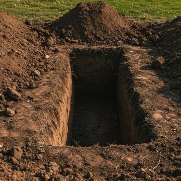 Freshly dug earth next to a rectangular opening in the ground at a quiet burial location, suggesting a new interment preparation ,peace ,earth ,shadow