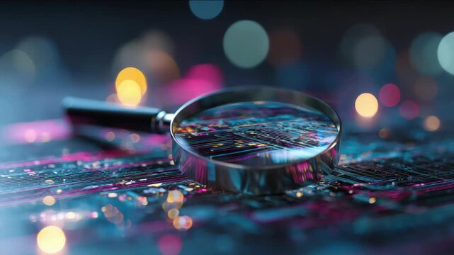 A magnifying glass resting on a surface displaying abstract digital data and bright bokeh
