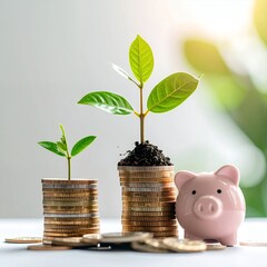 Growing plants on stacks of coins next to a piggy bank, symbolizing financial growth and savings.