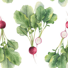 Seamless pattern of whole radish with tops, slices and green leaves. Hand drawn watercolor botanical background of ripe garden vegetable for packaging design, kitchen textiles, menu, scrapbooking