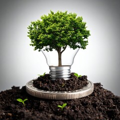 Green Energy Concept - Tree Growing in Light Bulb on Coin in Soil.