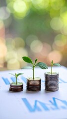 Growing plants on stacks of coins, symbolizing financial growth and investment success.