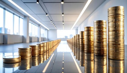 Growing Stacks of Gold Coins in a Modern Office Setting Symbolizing Financial Growth and Investment Success.