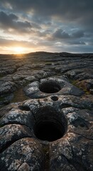 Geological landscape featuring numerous karst features, sinkholes, and dark cave entrances stretching across a rocky, expansive terrain ,entrance ,fields ,field