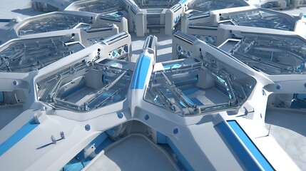 Futuristic architectural design featuring interconnected hexagonal structures with glass elements