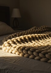 Golden hour sunlight streaming onto a thick, knitted wool blanket resting on a bed, creating a feeling of ultimate comfort and soft relaxation ,knit ,orange ,gentle