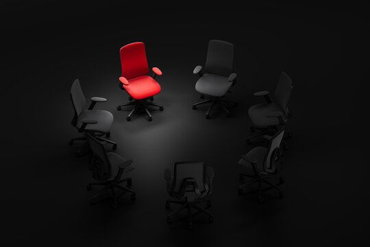 Red chair standing out among group of dark office chairs in circular formation under spotlight, symbolizing leadership and individuality concept. 3D Rendering