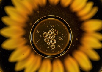 Highly magnified view of sunflower extract droplets in a clean, clear solution, emphasizing purity and natural health properties ,essence ,chemical ,isolate