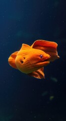 Highly saturated image of a tropical orange eel moving through dark blue water, emphasizing the fluid motion and vibrant color ,exotic ,beautiful ,flowing