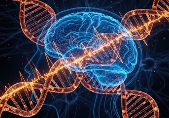 Digital human brain silhouette with glowing golden DNA double helix and neural network. Concept of artificial intelligence, genetic memory, neuroscience research, and cognitive evolution.