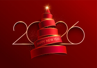 New Year's greetings 2026. Christmas tree made of red ribbon with white numbers. Festive realistic illustration.