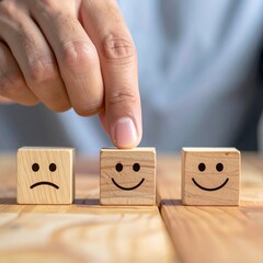 Hand selecting a happy face block, symbolizing customer satisfaction and positive feedback.