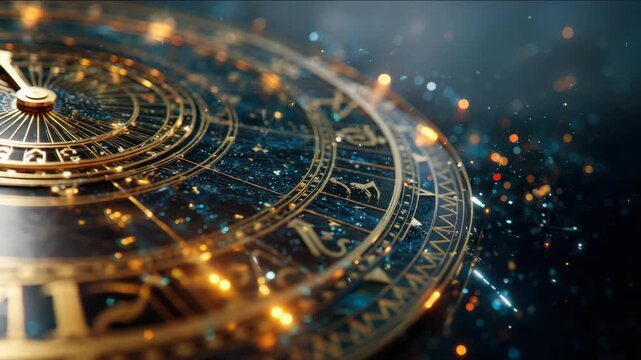 Futuristic high-tech zodiac wheel with an orange neon glow and bokeh effect