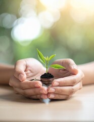 Hands nurturing a small plant growing from a stack of coins, symbolizing financial growth and environmental investment.
