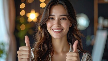 Happy young woman showing thumbs up gesture, expressing approval and satisfaction.