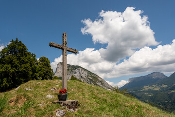 Vieille croix en bois couverte de mousse (Hameau du ch&acirc;teau, Saint-Pierre d'Entremont, Is&egrave;re, France)