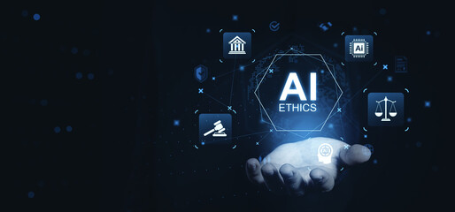 AI ethics law concept with digital icons of justice and governance floating above a hand on...