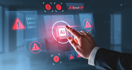 Holographic interface with AI system error warnings and red alerts displayed, finger pointing at AI chip icon on futuristic digital screen concept.