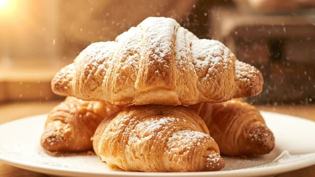 Delicious croissants topped with powdered sugar on a white plate in a cozy bakery setting