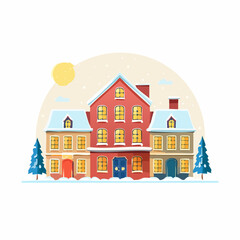 Fototapeta premium Charming winter city street scene with colorful snow-covered houses and festive pine trees, glowing with warmth under a soft sun, perfect for seasonal designs