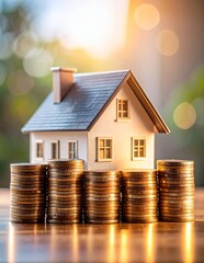 Miniature house with stacked coins, symbolizing real estate investment and financial growth.