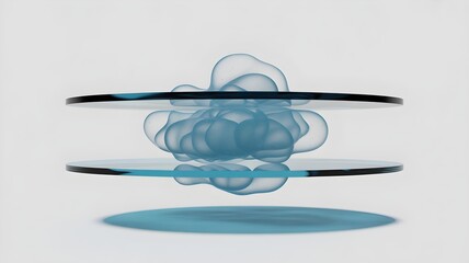 Abstract visualization of blue fluid dynamics trapped between two clear glass or acrylic display platforms