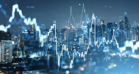 Digital forex and stock market chart overlaying Bangkok city skyline at night showing financial data and trading concept in Asia.