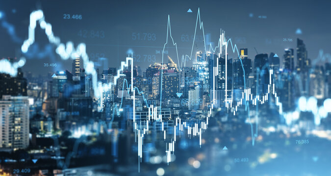 Digital forex and stock market chart overlaying Bangkok city skyline at night showing financial data and trading concept in Asia. - Powered by Adobe