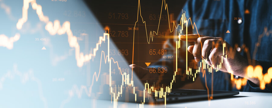 Business analyst interacting with stock market chart interface on digital screen, showing forex growth and crypto trading concept on modern background. - Powered by Adobe