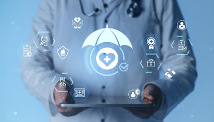 Doctor holding tablet with futuristic healthcare system icons and AI-assisted technology symbols, concept of teleconsultation and online medical consult.